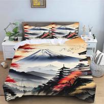 Japanese Style Duvet Cover with Pillowcase,Cherry Blossom Bedding Set,Microfibre,Fade Resistant Mountain Scenery Quilt Cover Set 100×135cm&Duvet Cover gray