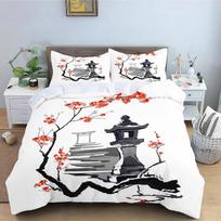 Japanese Style Duvet Cover with Pillowcase,Cherry Blossom Bedding Set,Microfibre,Fade Resistant Mountain Scenery Quilt Cover Set 90×200cm&Duvet Cover
