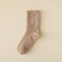 Mink fleece socks women's winter warm fleece thickened medium tube socks solid color simple sleep socks women's furry socks One size fits all beige