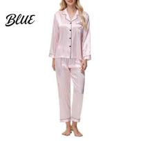Comfortable Sleep Set for Women 2Pcs Silk Satin Pajama Lapel Button Down Tops & Pants Long Sleeve Stripe Loose Shirt Elastic Waist Loungewear M white