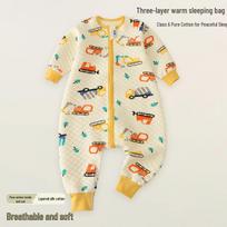 Pure Cotton Three-Layer Quilted Baby Sleeping Bag - Anti-Kick Footed One-Piece for Autumn and Winter Size 90: 80-90cm beige