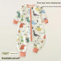 Pure Cotton Three-Layer Quilted Baby Sleeping Bag - Anti-Kick Footed One-Piece for Autumn and Winter Size 90: 80-90cm beige
