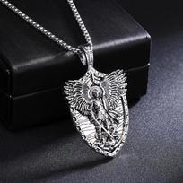 Saint Michael Men's Vintage Shield Titanium Steel Angel Ornament Pendant Necklace 50cm(Necklace Size) gray