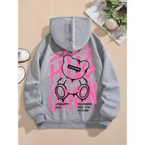 Fashion Men's Autumn Teddy Bear Graffiti Printed Soft and Comfortable Hooded Sweatshirt Outdoor Street Versatile Clothing XL gray