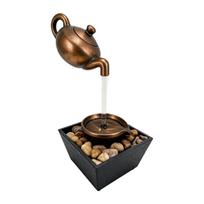 Small Indoor Fountain for Desk Decors, Painted Floating Teapot Water Feature with USB Power and Stone Accent Basin bronza