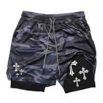 Cross Graphic 2 In 1 Workout Running Shorts for Men Gym Athletic Breathable Shorts with Phone Pocket Towel Loop Y2K Activewear L gray