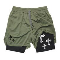 Cross Graphic 2 In 1 Workout Running Shorts for Men Gym Athletic Breathable Shorts with Phone Pocket Towel Loop Y2K Activewear M gray