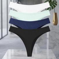 FINETOO 4Pcs/Set Cotton Ribbed Thongs For Women Seamless Solid Color High Quality Underwear Ladies Cozy Breathable Sexy G-String XL white