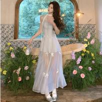 Sexy Lace Sleeveless Mesh Long Dress with Bow Tie Summer Fashion Gown XL blue