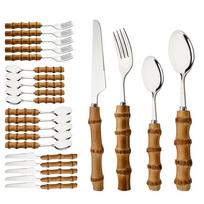 Sidabrinis 24 vnt. kūrybiškas namų bambukinės rankenos stalo įrankių rinkinys Nerūdijančio plieno stalo įrankiai Steak peiliai Šakutė Šaukštas rinkinys namams brown