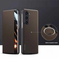 Smart Window Carbon Fiber Texture Magnetic Phone Case with Card Holder for Samsung Galaxy Z Fold 7 6 5 4 5G Flip Leather Cover For Galaxy Z Fold7 gray