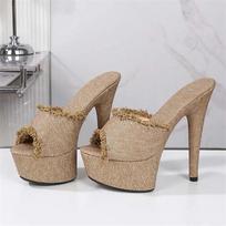 Eilyken Summer Sexy Stiletto Heels Denim Open Toe Slippers Women Platform Stripper Party Slide Shoes Zapatillas De Mujer 42 beige