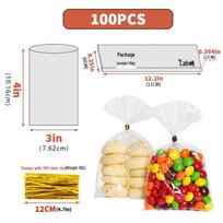 Skaidrus raišteliu užtraukiamas pakavimo maišelis sausainiams, duonai, saldainiams ir kepiniams 3*4 inch (100 pcs/package) 8 wire white