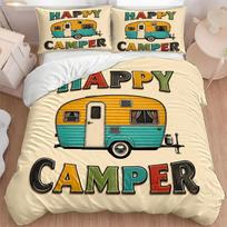 3Pc Retro Camper Happy Camper Duvet Cover Set, Three-Piece Bedding Set (1*Duvet Cover + 2*Pillowcases) 135x200cm blue