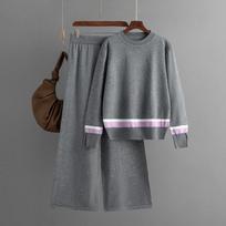 Autumn and Winter New Contrasting Color Knitted Wide-leg Pants with Loose and Thin Striped Knitted Two-piece Suit for Women one size gray