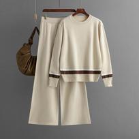 Autumn and Winter New Contrasting Color Knitted Wide-leg Pants with Loose and Thin Striped Knitted Two-piece Suit for Women one size abrikosas