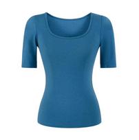 Micro-transparent U-neck medium-sleeved T-shirt women's summer new American Spice Girl solid-color slim-fitting front shoulder and bottom top M blue