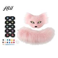 Creative Painting Set for Costumes DIY Therian Masque Kit, Plush Furry Fox/Cat Animals with Adjustable Eye Lenses Mesh, Tail Christmas Halloween rožinė