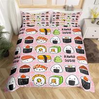 Cartoon Sushi Food Duvet Cover Twin For Kids Teen Microfiber Japanese Cuisine Bedding Set Kawaii Cat Cherry Blossoms Quilt Cover EU Single 135*200cm/53x79in 3pcs