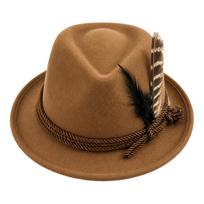 Veltinė Fedora skrybėlė su dekoratyviniu plunksna ir pintiniu juostelės apvadu Tradicinis stilius Tinka Oktoberfest ir teminiams renginiams Unisex dizainas One Size brown