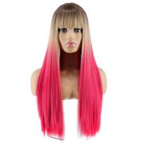 MISS WIG Ilgas tiesus perukas Cosplay juodas pilkas perukas moterims su kirpčiukais Sintetinis aukštos temperatūros pluošto perukas 24inches gray