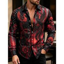 New red and white gradient rose cross print men's long sleeved shirt M brown