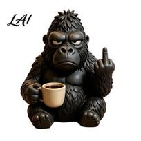 Funny Gorilla Hippo Elephant Figurines Middle‑Finger Figurine with Coffee Cup Resin Animal Statue Novelty Desktop Home Decor for Living B black