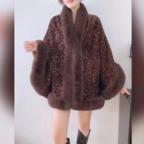 Autumn and Winter Plus Velvet Thickened Big Fur Collar Sequined Shawl Women's Fashion Short Cloak Top One size
