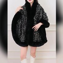Autumn and Winter Plus Velvet Thickened Big Fur Collar Sequined Shawl Women's Fashion Short Cloak Top One size