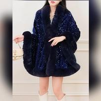Autumn and Winter Plus Velvet Thickened Big Fur Collar Sequined Shawl Women's Fashion Short Cloak Top One size tamsiai mėlyna spalva