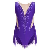 Mergaičių dailiojo čiuožimo kostiumas Blizgantis cirkonais Kutasotas Leotardas Skaidrus tinklinis mozaika Kutasas Bodysuit 11-12 Years purple