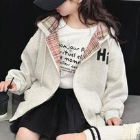 Girls' Autumn Hooded Plaid Jacket, Big Children's Korean Style Long-sleeved Zipper Cardigan Top Trend 170 gray