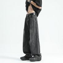 Men's K Gray Distressed Wide Leg Jeans Loose Fit High Waist Casual Denim Trousers Streetwear Bot XXXL