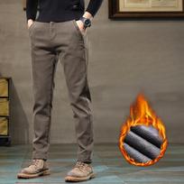 Žieminės Fleece Šiltos Kelnės Vyrams Verslo Slim Fit Tamprios Storesnės Pilkos Chaki Pūkinės Laisvalaikio Madingos Kelnės Vyrams 30