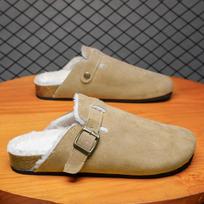Men's Women's Suede Faux Fur Lined Clogs Buckle Strap Cork Sole Warm Slippers 43 chaki