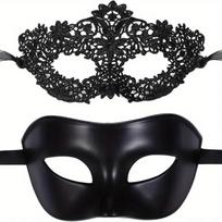 2 vnt. Elegantiškas juodų nėrinių maskaradinės kaukės rinkinys poroms - Puikiai tinka Venecijos vakarėliui, Užgavėnėms ir Helovino šventėms black
