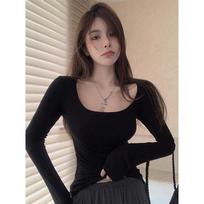 Sexy U-neck White T-shirt with Sexy Collarbone Exposed, Female Spring and Autumn Hot Girl Tight Inner Top with Long Sleeve Base Shirt XXL