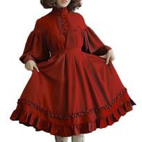 Women Japanese Lolita Maid Cosplay Dress Loose Puff Balloon Long Sleeve Ruffle Hem Button Decor High Neck Cotton Midi Dress Multi Plus Size Harajuku A S black