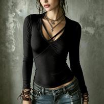 Women's Color V-Neck Long Sleeve Cross Strap Casual Blouse XXL black