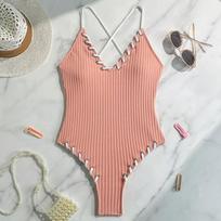 New Sexy One Piece Swimsuits Closed Women's Laced Up Swimwear Push Up For Swimming Wear Body Bathing Suits Beachwear Pool Bather L beige