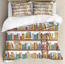 Library Duvet Cover Set Bookshelf Ladder Caricature Illustration Decorative Bedding Set Boy Girl Teenager Comforter Cover Sets EU Single(135*200cm)3pcs gray