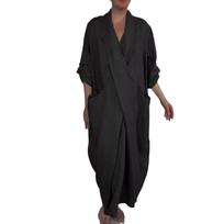 Fashion Solid Color Cotton Linen Dress Women Sexy V-neck Long Sleeved Slit Long Skirt Casual Loose Dress Women XS
