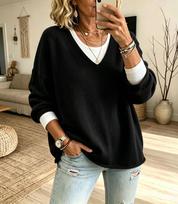 Women's Casual V-Neck Long Sleeve Loose Fit Sweater for Everyday Wear XXL black