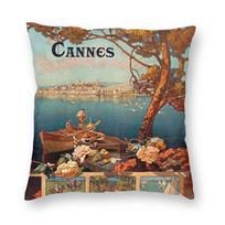 Vintage Travel Cannes France Square Pillowcase Polyester Linen Velvet Printed Zip Decorative Home Cushion Cover 40cmx40cm(16x16Inch) beige
