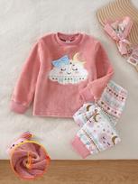 Girls 2‑Piece Fleece Pajama Set, Soft Warm Long Sleeve Top & Cute Cloud Moon Print Pants Sleepwear for Little Girls 4‑7 Years, Cozy Winter Loungewear 7Y brown