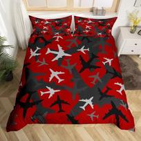 Cartoon Aircraft Duvet Cover Set Full Size Blue Green Airplane Bedding Set 3Pcs Army Camo Comforter Cover for Kids Boys Teen Men EU Single 135*200cm/53x79in 3pcs