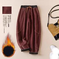 Women's Autumn Winter Retro Corduroy Thickened Fleece Casual Pants Harlan Loose Slimming Artistic Casual Warm Trousers L black