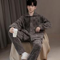 Pajamas Men'S Autumn And Winter Fleece Thickened Long Sleeve Warm Coral Fleece Loungewear Set XL black
