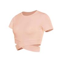 Women's Cropped Muscle Fit Cross T-Shirt Activewear Yoga Top Running Short Sleeve XL beige