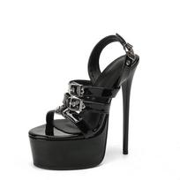 Pesstwei Summer Sexy Open Toe Buckle Patent Leather Platform 16cm Ultra-high Heels Fashion Women's Sandals Punk Banquet Shoes 41 black